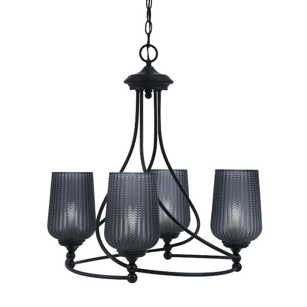Unbranded Royale 4-Light Matte Black Chandelier, Round Chandelier with 5 in. Smoke Textured Glass Shades, No bulbs included
