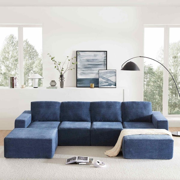 110 in. Square Arm Polyester U-Shaped Sofa, Sofa Bed in Navy