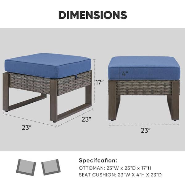 CubeEdge Gray Wicker Outdoor Ottoman with Removable Olefin Blue Cushions Patio Footrest (2-Piece)