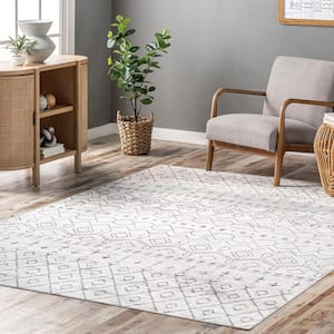 Audrey Machine Washable Geometric Moroccan Ivory Doormat 3 ft. x 5 ft. Accent Rug