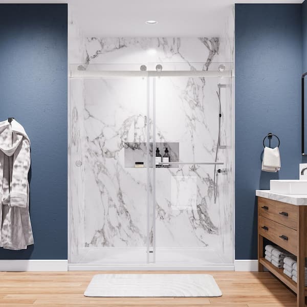 WYonder 55 to 59 in. W x 72 in. H Sliding Frameless Shower Door in Brushed Nickel with 5/16 in. Clear Glass
