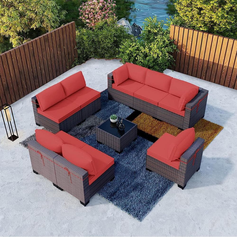 Halmuz 9-Piece Wicker Outdoor Sectional Set with Cushion Red (A+2B+C)PS ...
