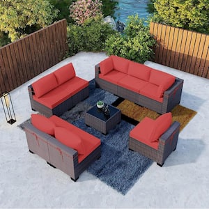 9-Piece Wicker Outdoor Sectional Set with Cushion Red