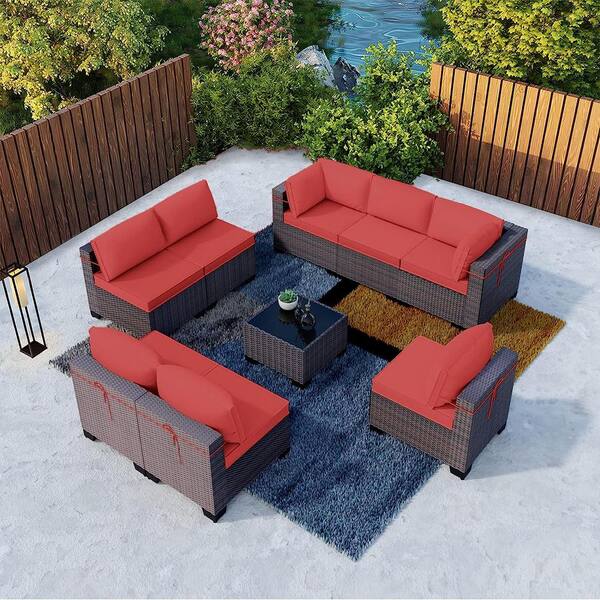 9-Piece Wicker Outdoor Sectional Set with Cushion Red