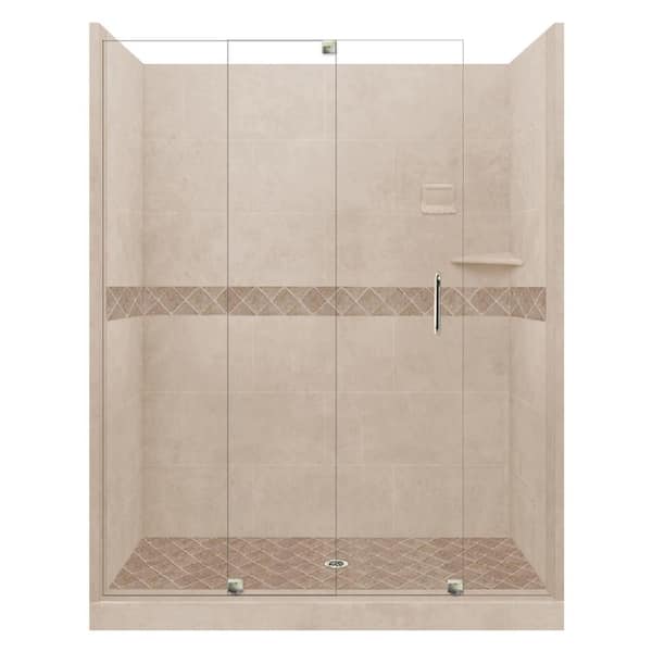 American Bath Factory Espresso Diamond Slider 32 in. x 60 in. x 80 in. Center Drain Alcove Shower Kit in Brown Sugar and Nickel Hardware