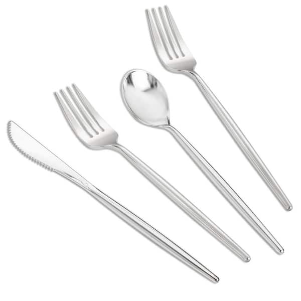 300 Piece Silver Plastic Cutlery, Disposable Utensils Silverware Set, Heavy Duty Flatware for Party and Event