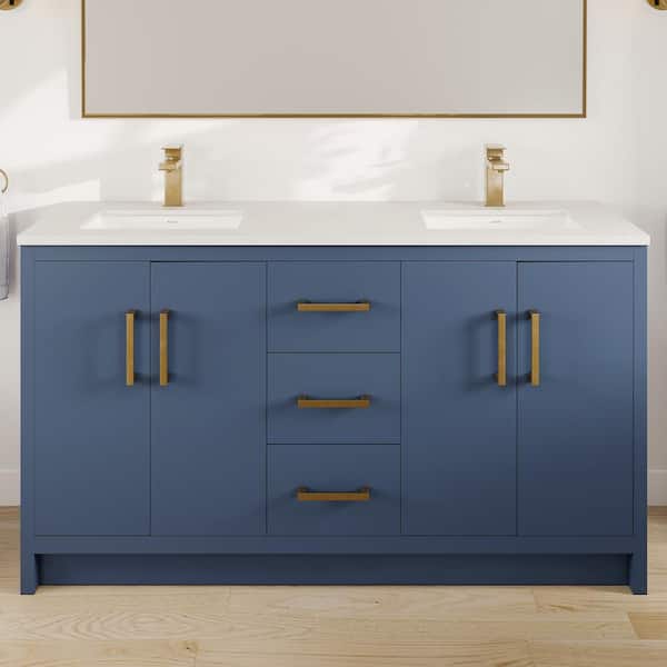 Eviva Curio 60 in. Double Sink Dark Blue Bath Vanity with White Carrara Quartz Top (Assembled)