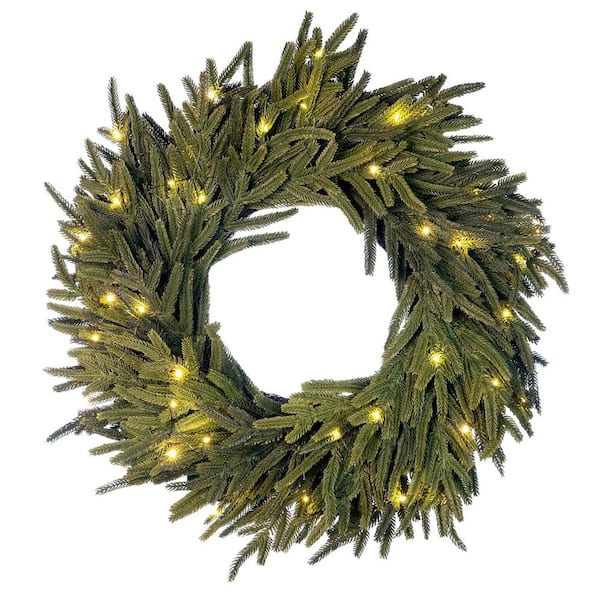 30 in. Green Battery-Operated Pre-Lit LED Norfolk Artificial Christmas Wreath