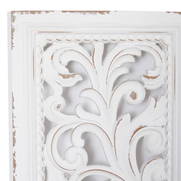 Litton Lane Tall Distressed White Carved Wood Wall Decor Panels Set Of 2 12 In X 49 5 37892 - Large White Carved Wood Wall Decor