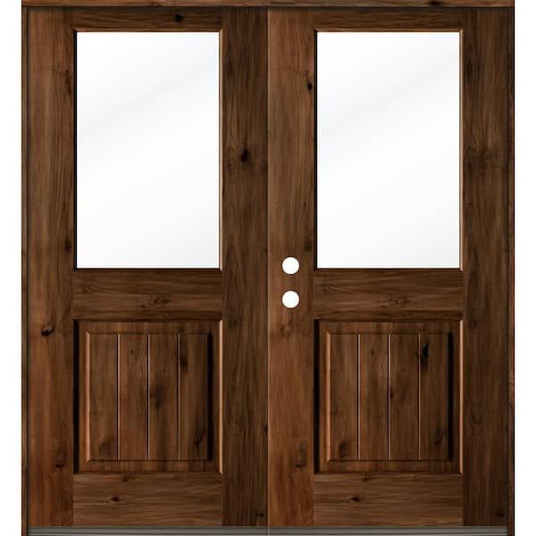 Krosswood Doors 64 in. x 80 in. Rustic Knotty Alder Wood Clear Half-Lite provincial stain/VGroove Right Active Double Prehung Front Door