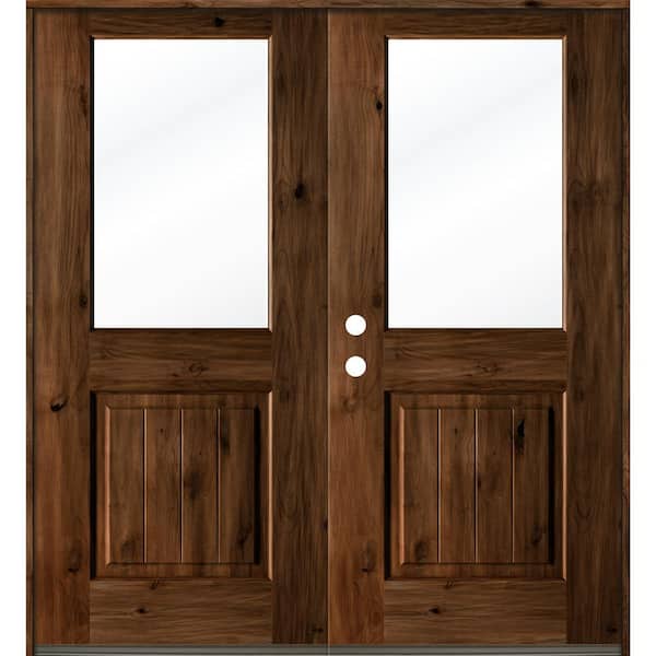 Krosswood Doors 72 in. x 80 in. Rustic Knotty Alder Wood Clear Half-Lite provincial stain/VGroove Right Active Double Prehung Front Door
