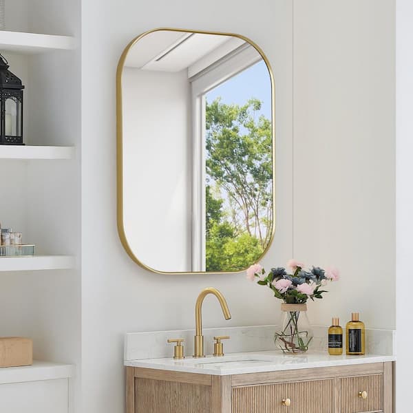 Trielle 24 in.W x 32 in. H Rectangular Aluminum Framed Wall Mounted Bathroom Vanity Mirror in Brushed Gold