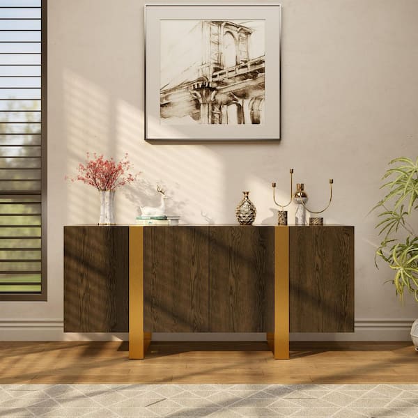 Brown 63 in. TV Stand Cabinet Media Console Table with 3-Doors Fits TV's Up to 75 in.