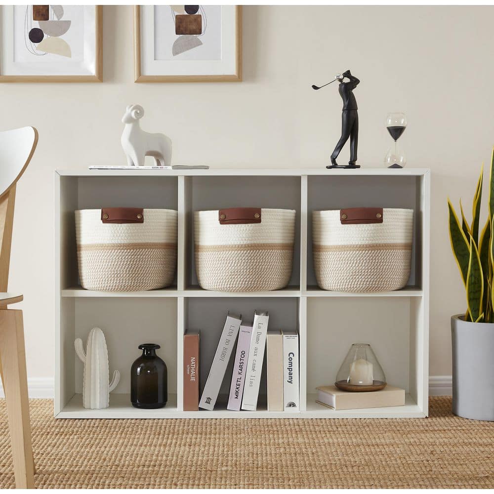 Set of 3 White and Brown Cotton Rope Storage Baskets with Faux Leather Handles
