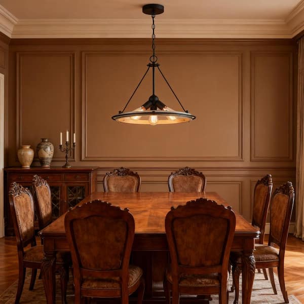 Avex 3-Light Wood and Black Pendant Light with Round Steel Frame, No Bulbs Included