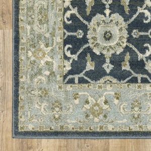 Teal Blue Ivory Green and Grey 3 ft. x 5 ft. Oriental Power Loom Stain Resistant Area Rug