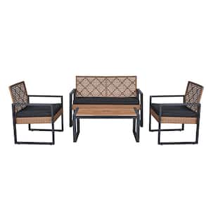 4-piece rattan wicker patio outdoor furniture set, garden backyard lawn with wooden tabletop, brown and black cushions