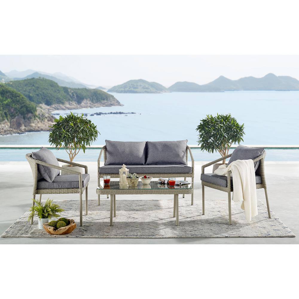 Windham Light Gray All-Weather Wicker Outdoor Coffee Table with Glass Top
