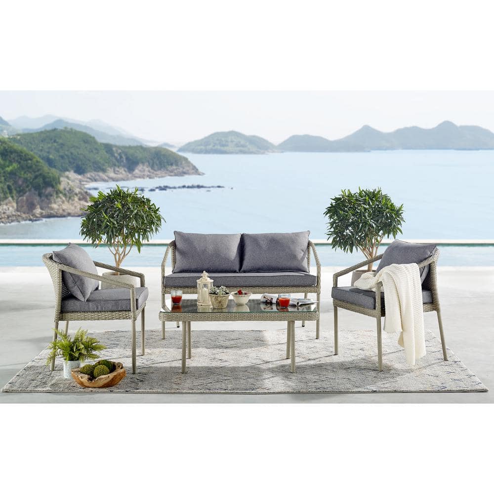 Windham Light Gray All-Weather Wicker Outdoor Coffee Table with Glass Top