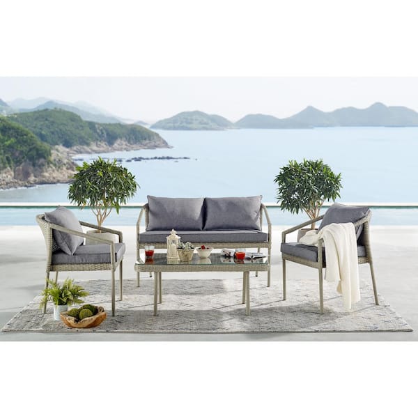 Alaterre Furniture Windham All-Weather Wicker Outdoor Conversation Set with 42 in. L Coffee Table, Set of 2 Chairs and 2-Seat Bench