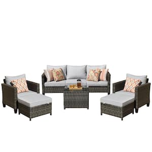 Megon Holly Gray 6-Piece Wicker Outdoor Patio Conversation Seating Set with Megon Holly Gray Cushions