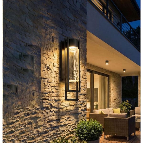 15 in. Black LED Wall Sconce, 1 Light 12W 3 Color Dimmable with Clear Hammered Glass Shade for Garage Porch Workshop