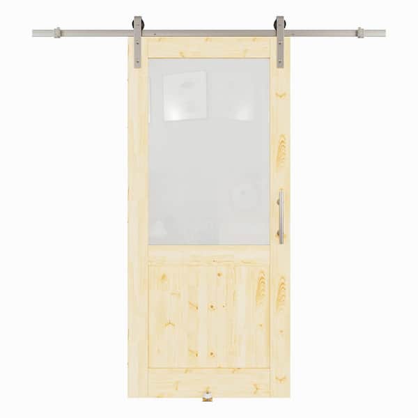 ARK DESIGN 36 in. x 80 in. 1/2-Lite Frosted Glass Unfinished Glass Sliding Barn Door with Hardware Kit Nickel Plated