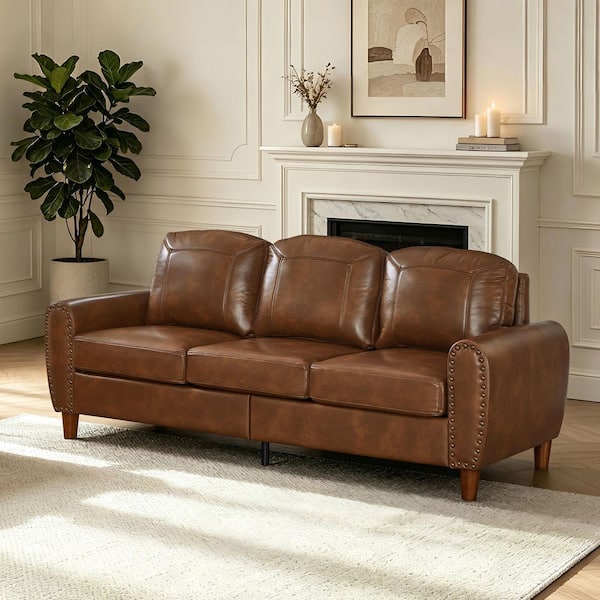 Kovix Modern 81.5 in. PU Faux Leather Upholstered Rectangle 3-Seater Sofa in Brown with Rolled Arms Plus Rivets Nails