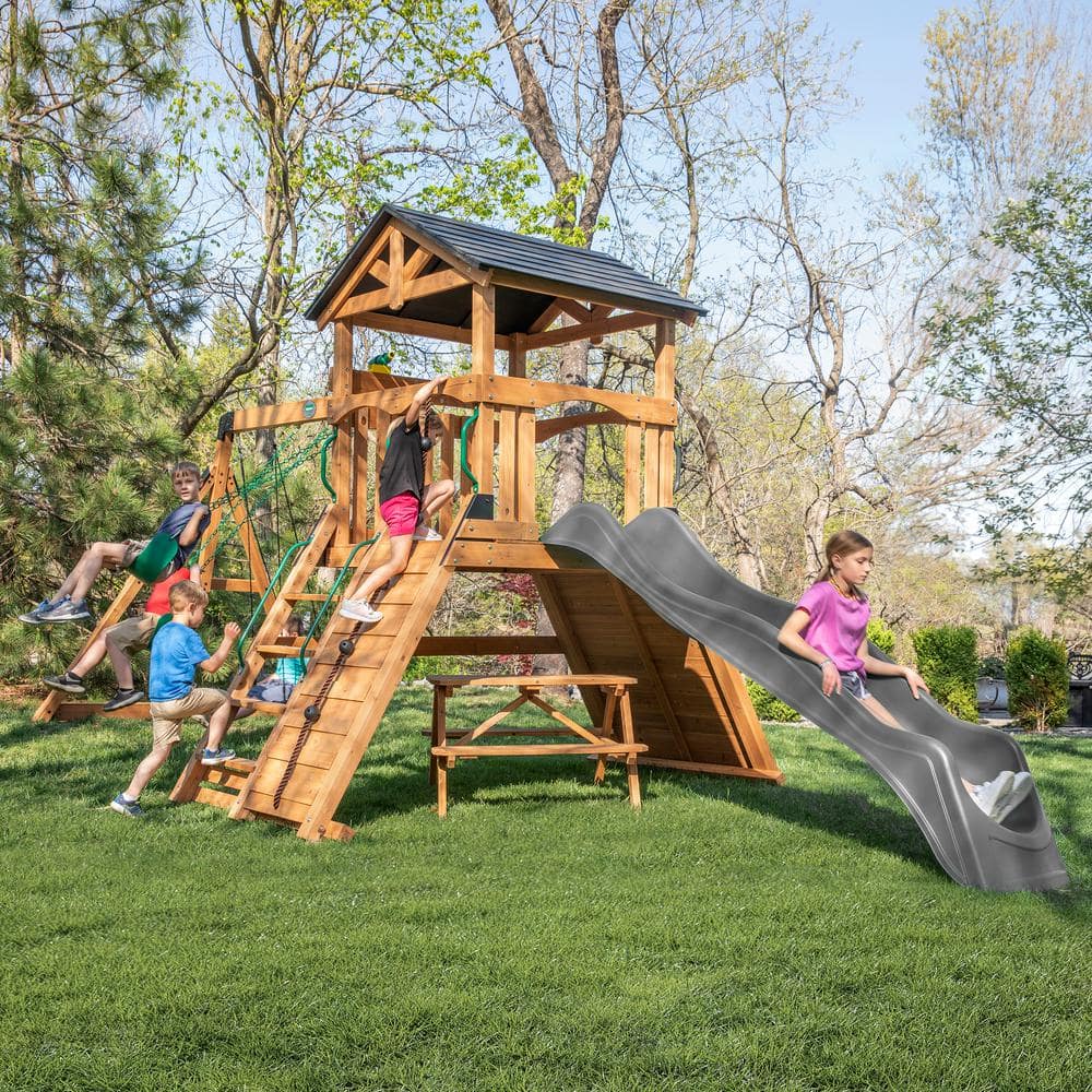 Endeavor II Cedar Swing Set with Gray Wave Slide