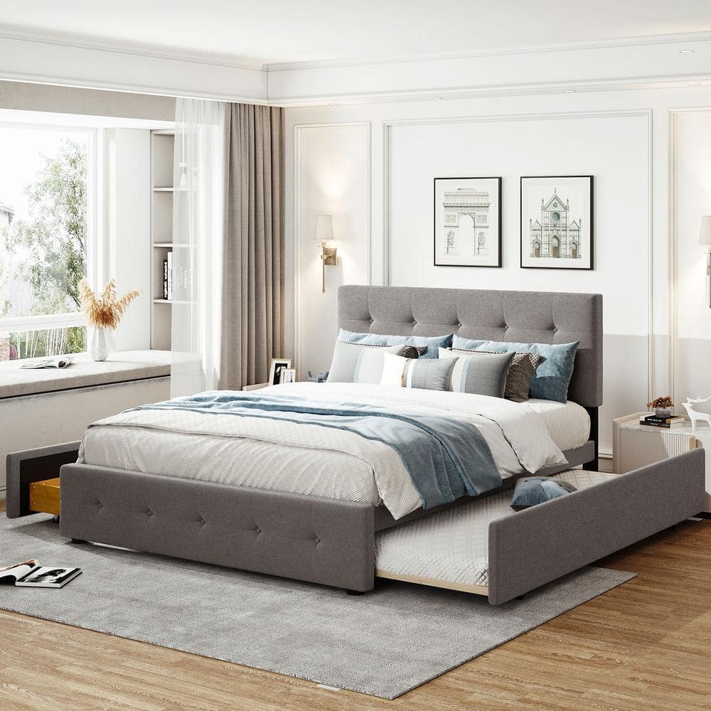 Qualler Light Gray Wood Frame Queen Upholstered Platform Bed with