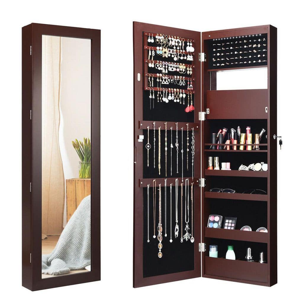 ANGELES HOME Brown Lockable Wall Door Mounted Mirror Jewelry Cabinet with LED Lights -  108CKJV086CF