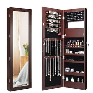 Brown Lockable Wall Door Mounted Mirror Jewelry Cabinet with LED Lights