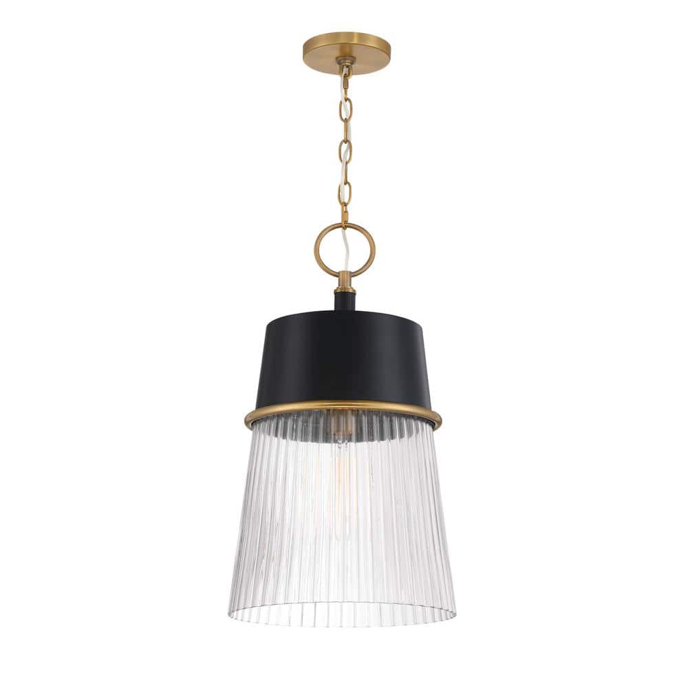 Stamford 60-Watt 1-Light Matte Black and Legacy Brass Bell Pendant Light with Clear Ribbed Glass Shade, No Bulb Included price history on PriceWatchPro