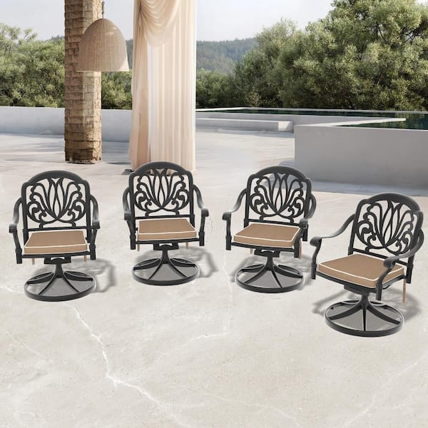 Elizabeth Swivel Cast Aluminum Patio Outdoor Dining Chair with Brown Cushions (4-Pack)