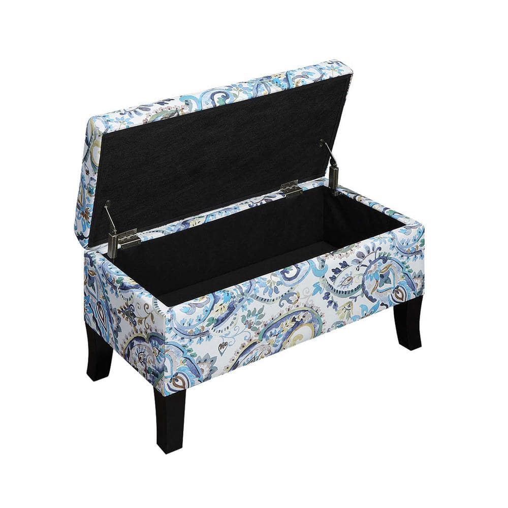 Paisley Fabric Storage Ottoman with Dark Rubberwood Legs