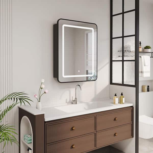 20 in. W x 30 in. H Bright Rectangular Black Wall Mount LED Lighted Medicine Cabinet with Mirror
