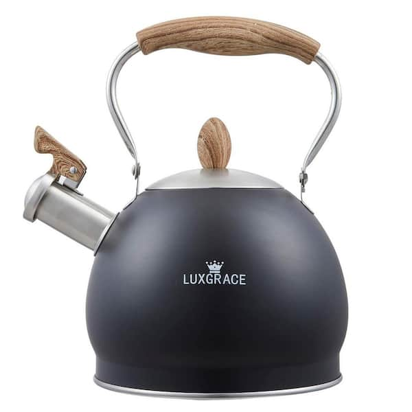 Creative Home 2.6 qt. Stainless Steel Whistling Tea Kettle Teapot with Folding Wood Touching Handle Aluminum Capsulated Bottom for Fast Boiling Heat W