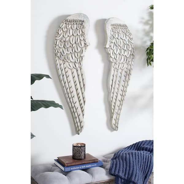 Litton Lane Wood White Carved Wings Bird Wall Decor (Set of 2)