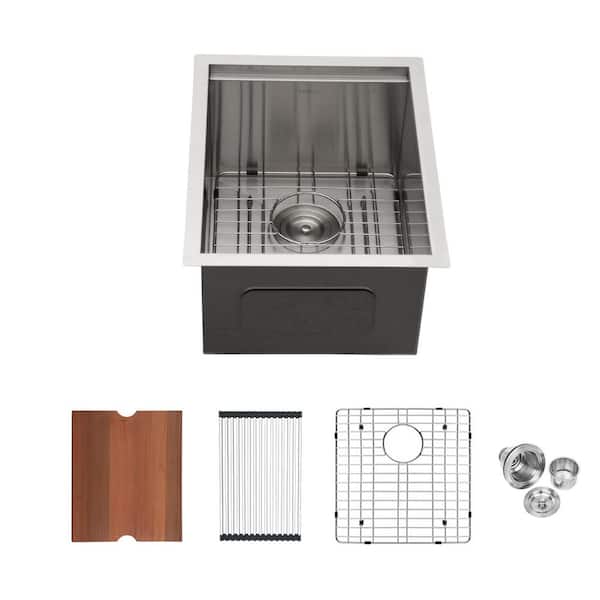 15 in. Undermount Single Bowl 16-Gauge Brushed Nickel Stainless Steel Kitchen Sink with Cutting Board
