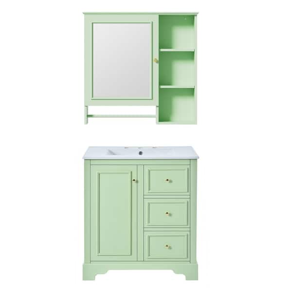 Zeus & Ruta 30 in. W x 18.5 in. D x 33.7 in. H Single Sink Bath Vanity in Green with White Ceramic Top and Mirror Cabinet