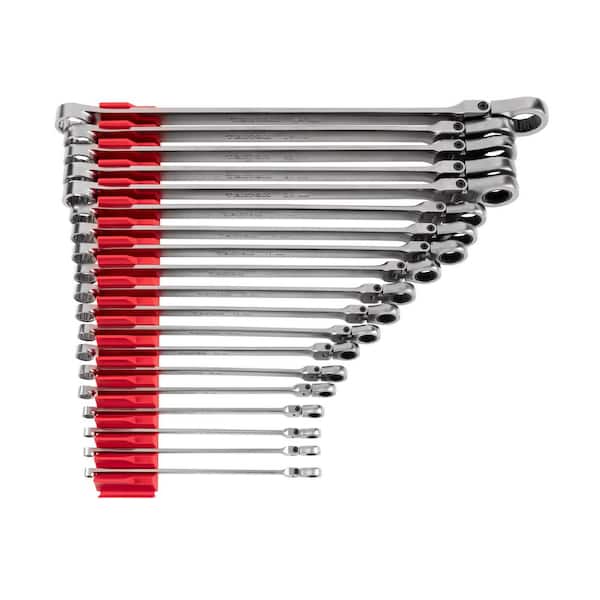Long Fixed/Flex Head 12-Point Ratcheting Box End Wrench Set with Modular Organizers, 19-Piece (6-24 mm)