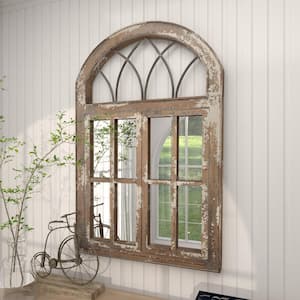 48 in. x 30 in. Window Pane Inspired Arched Framed Brown Wall Mirror with Arched Top