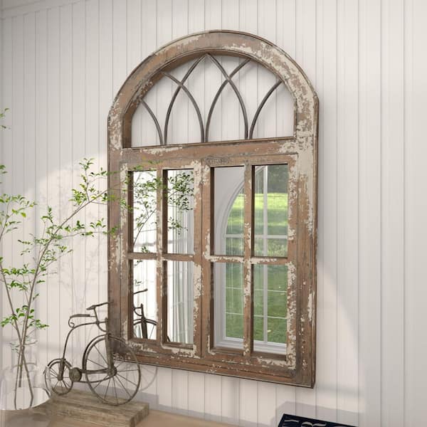 Litton Lane 48 in. x 30 in. Window Pane Inspired Arched Framed Brown Wall Mirror with Arched Top