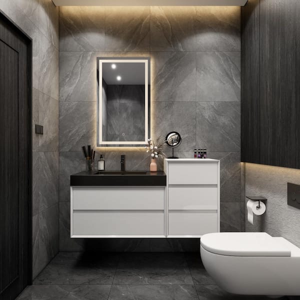 MIA 55 in. W. x 20 in. D x 30 in. H Single Sink and Side Cabinet Bath Vanity Gloss White with Black Stainless-Steel Top