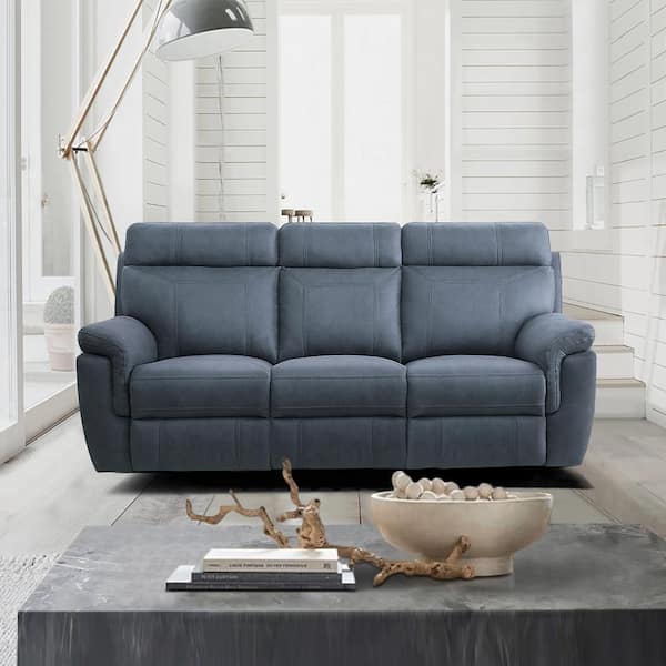 Cassville 84.5 in. W Straight Arm Microfiber Rectangle Manual Reclining Sofa with Center Drop-Down Cup Holders in Blue