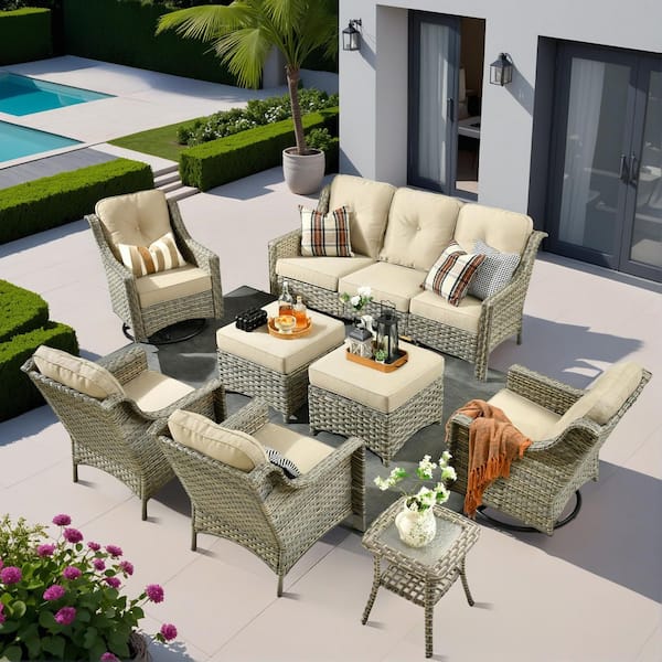 HOOOWOOO Cherry 8-Piece Wicker Outdoor Furniture Patio Conversation Sofa Seating Set with Swivel Chairs and Beige Cushions