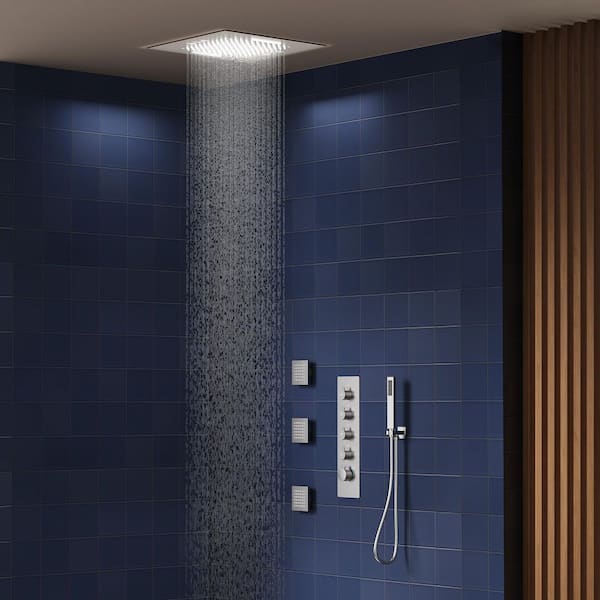 15-Spray 20 in. Dual Shower Heads Ceiling Mount Fixed and Handheld Shower Head with Music, 3 Body Jets in Nickel