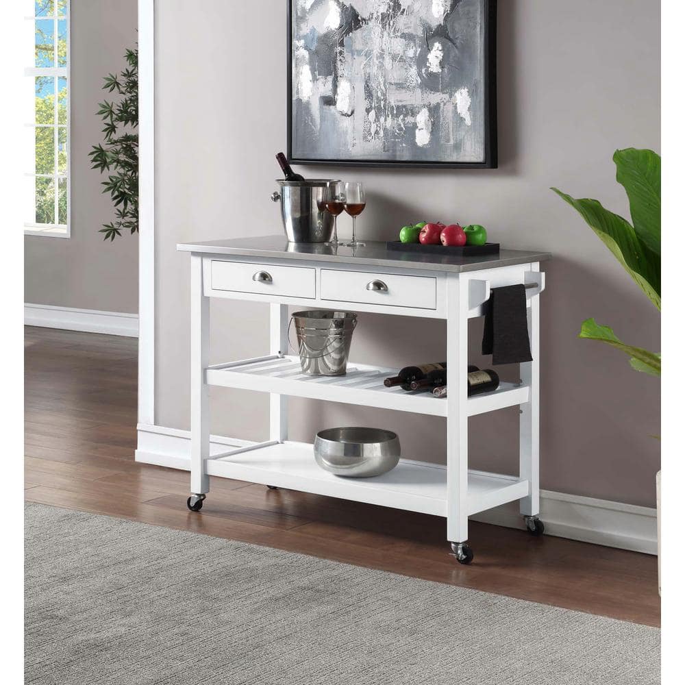 White Stainless Steel Kitchen Cart with Wine Rack and Storage