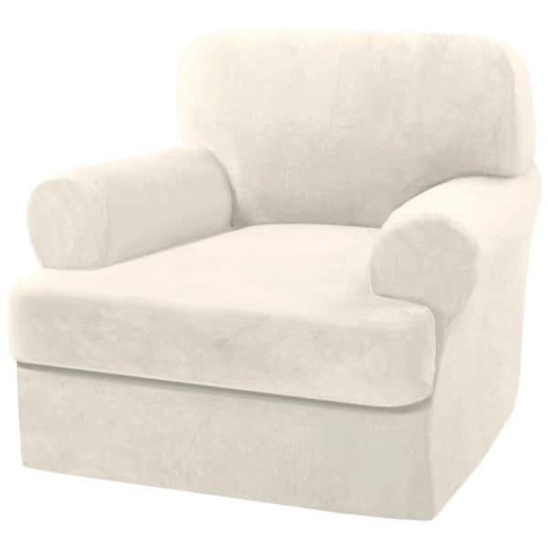 2-Piece T Cushion Armchair Slipcovers Thick Velvet Couch Cover, Stretch Furniture Protector, Ivory