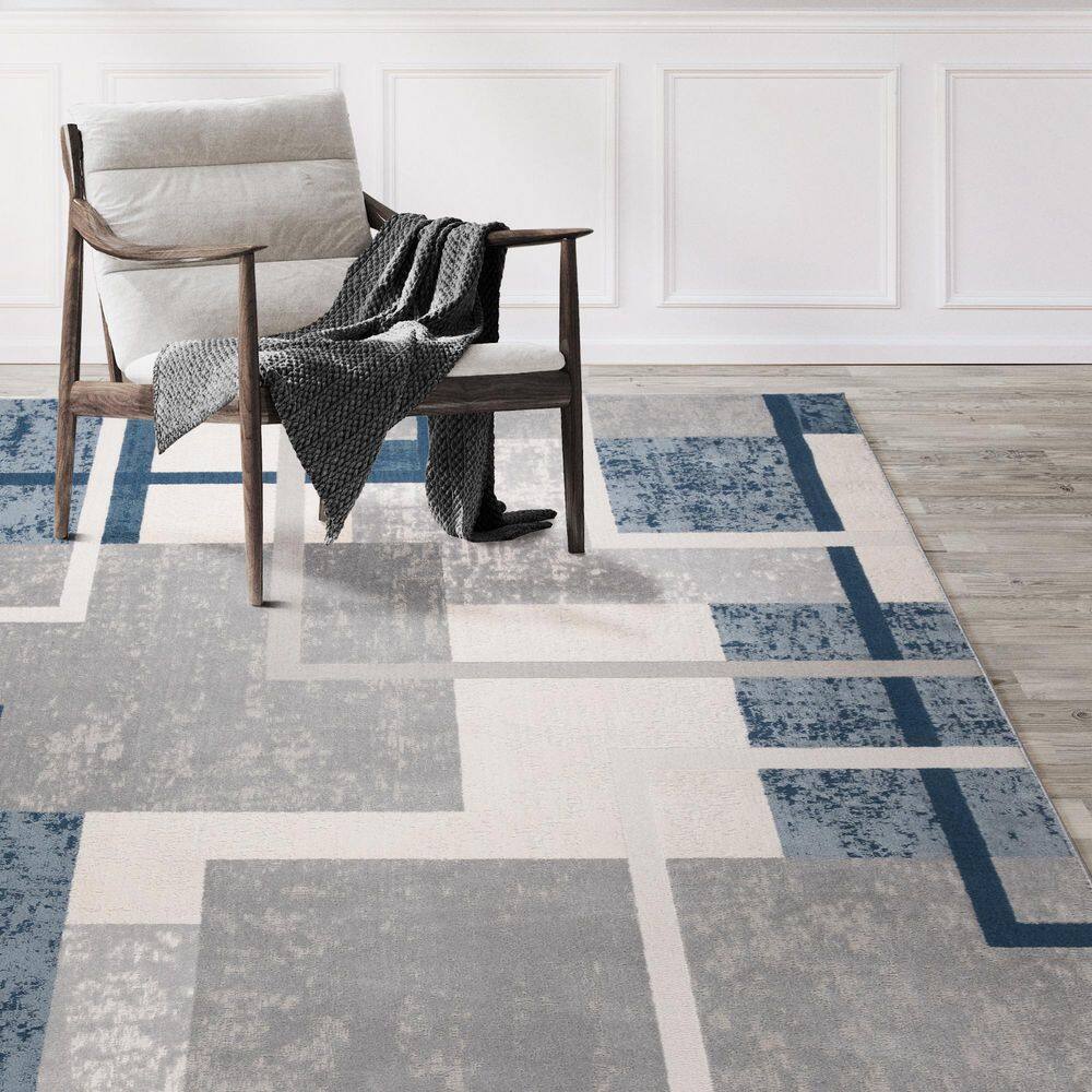 Ethan Blue and Gray Abstract Geometric 5' x 7' Area Rug